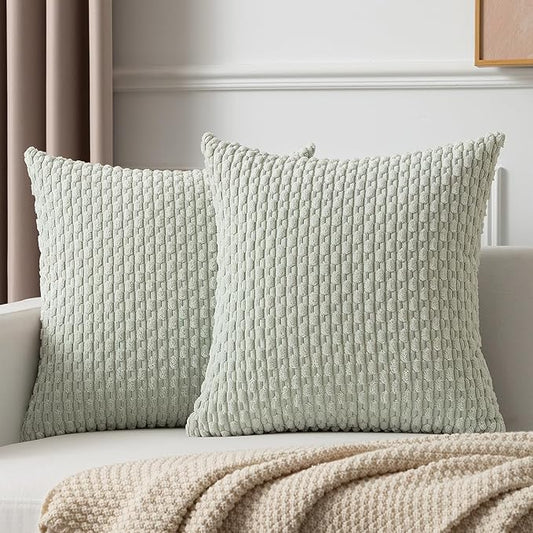 Kevin Textile Pack of 2 Corduroy Decorative Throw Pillow Covers 24x24 Inch Soft Boho Striped Pillow Covers Modern Farmhouse Home Decor for Spring Sofa Living Room Couch Bed Light Green