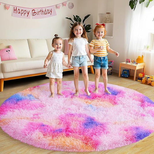 Round Fluffy Rugs 6Ft for Girls Bedroom, Dark Rainbow Shag Circle Kids Rug Non-Slip for Bedside Dorm Nursery Playroom, Soft Cute Area Rugs for Living Room Decor