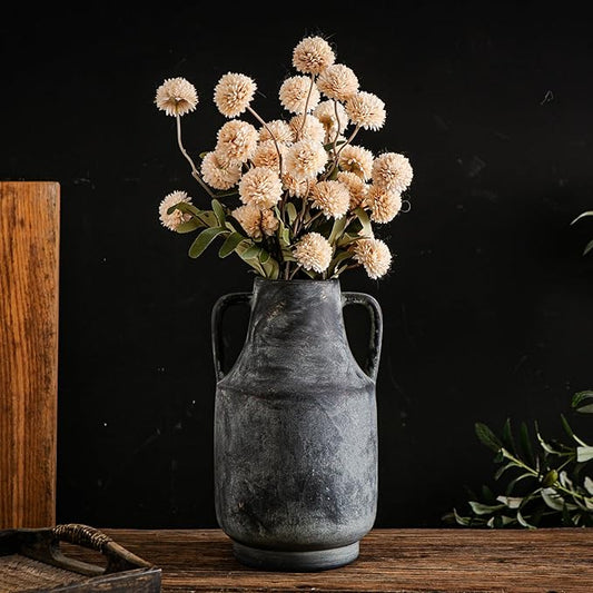 Ceramic Flower Vase with Handles,11 inch Farmhouse Vase,Rustic Vintage Terracotta Vases for Home Decor,Living Room,Kitchen Shelf,Table,Fireplace,Holiday & Weddings Centerpiece (Black-L-1622)
