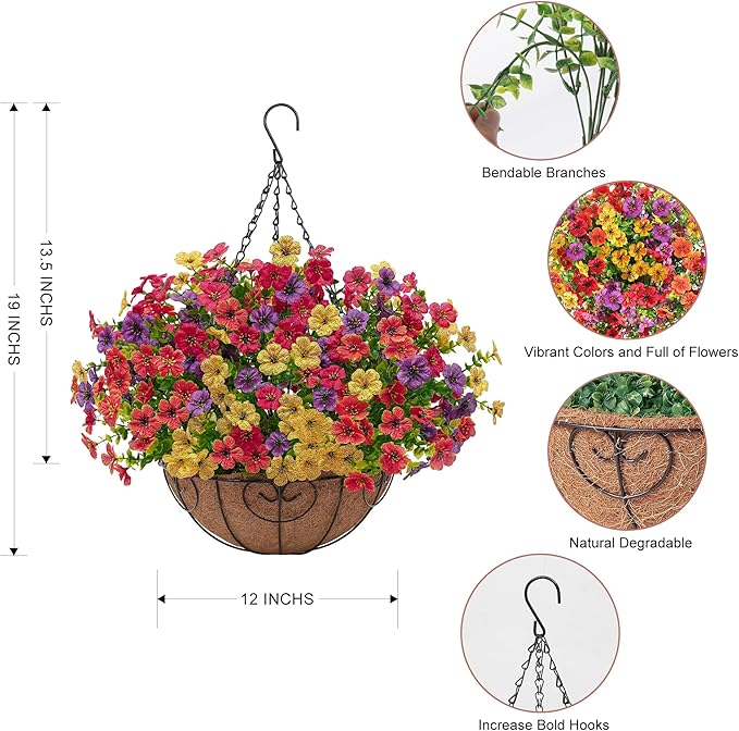 Artificial Faux Hanging Flowers Plants Basket for Outdoors Outside Spring Summer Decoration,Hanging Planters with Silk Fake Flowers Realistic UV Resistant Balcony Porch Garden Patio Home(4 Multicolor)