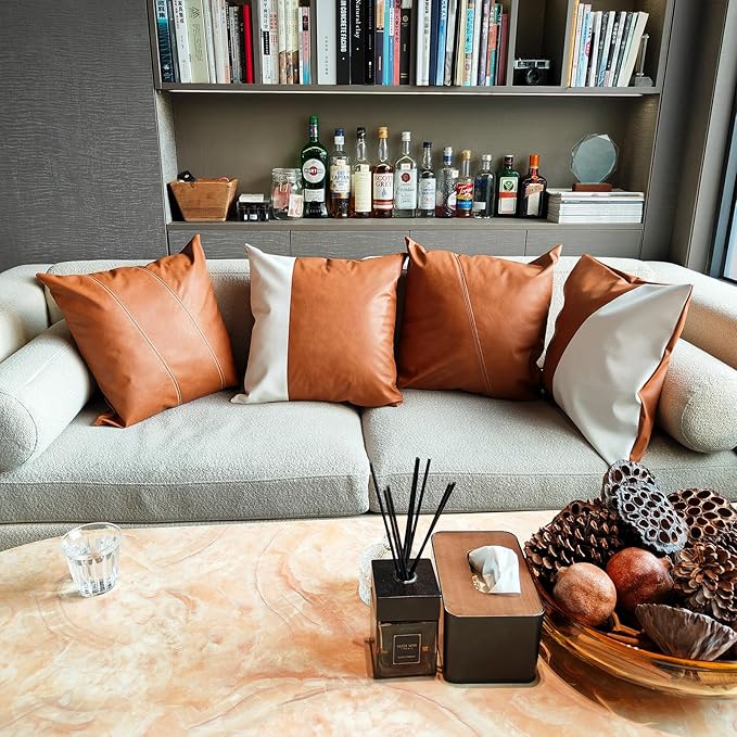 Faux Leather Throw Pillow Covers 18X18 Inch Set of 2 Brown Outdoor Modern Farmhouse Solid Decorative Pillow Covers for Room Couch Living Bedroom Bed Sofa Parallel Stitching
