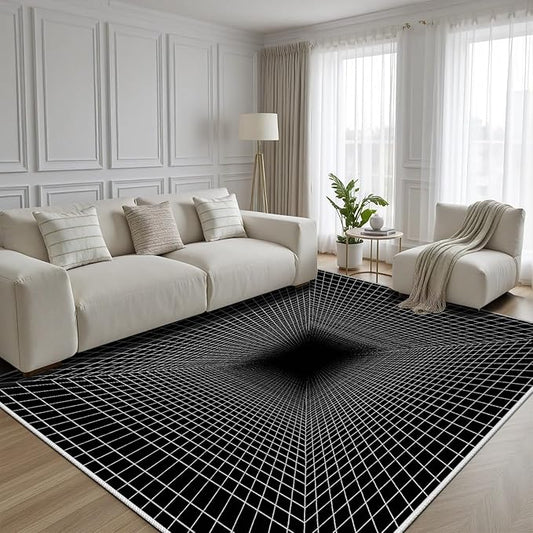 Optical Illusion Rug - Washable Rugs 3x5, Abstract Geometric Lines Soft Neutral Indoor Floor Mats Plaid Carpet, Non-Slip Stain Resistant Modern Black Rug for Bedroom, Living Room Rugs