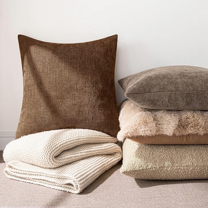 MIULEE Pack of 2 Decorative Throw Pillow Covers Soft Chenille Throw Pillows Solid Neutral Farmhouse Textured Cushion Covers for Couch Sofa Bedroom Living Room 24x24 Inch,Honey Brown