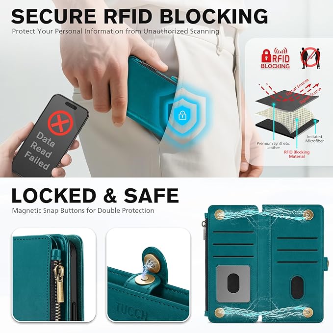 TUCCH Detachable Crossbody Wallet Case for iPhone Air (6.5"), 9 Card Holders RFID Blocking | Lanyard | Wrist Strap | Wireless Charging | Zipper Pocket | PU Leather | Stand Flip Cover | Bluish Green