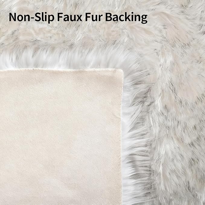 Faux Fur Sheepskin Area Rug for Living Room Bedroom, White with Grey Tips, 6 x 6 Feet Ultra Soft Shaggy Fuzzy Furry Carpet Chair Throw Large Rugs for Kids, Girls, Nursery Room Decor Dorms