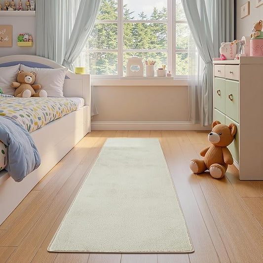 jinchan Solid Plush Runner Rug 2x6 Performance Shaggy Washable Hallway Rug Soft Modern Faux Wool Cozy Non Slip Carpet for Bedroom Laundry Room Living Room Kids Nursery Ivory