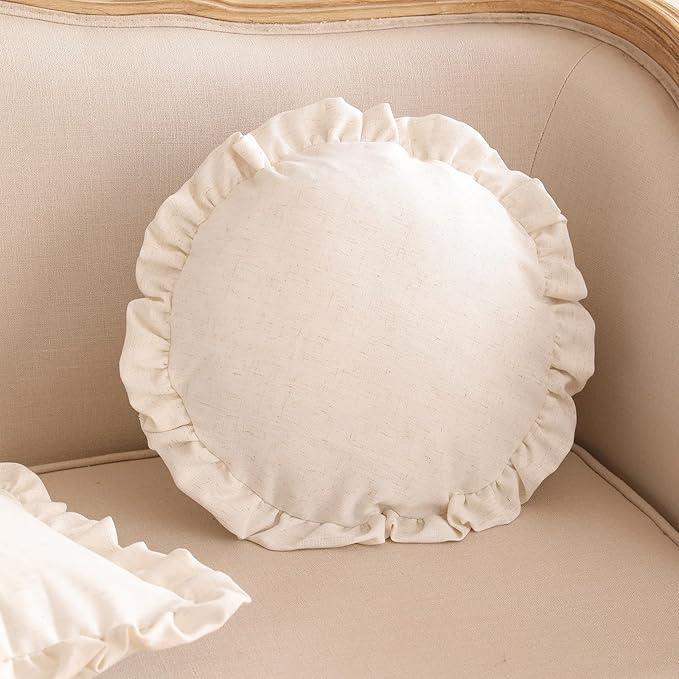 ISAENNE Classic Ivory White Round Throw Pillow Cover Diameter 16", Solid Color Farmhouse Linen Cotton Decoration Pillow Cover with Ruffles, Sturdy Throw Pillowcase for Couch Sofa Bed Living Room