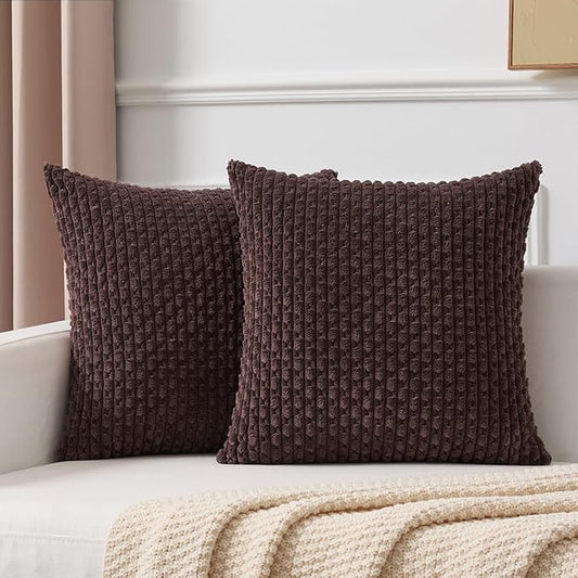 Kevin Textile Decorative Pillow Covers Set of 2 Striped Plush Corduroy Pillows Pillowcases Boho Home Decor Cushion Covers for Couch Sofa Bed Living Room 18x18 Inch, Coffee