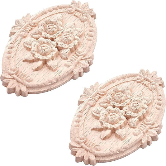 GORGECRAFT 2PCS Wooden Carved Onlay Appliques Oval Carving Decal Center Craft Unpainted Furniture Home Decoration Wood Carving Decal for Dresser Bed Door Cabinet Wardrobe Ceiling 5"x3.6"