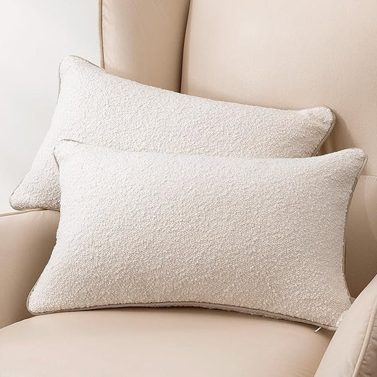 Amazon Basics Boucle Lumbar Throw Pillow Covers for Couch, Living Room, Home Decor with Hidden Zipper, White, 12×20in, Pack of 2
