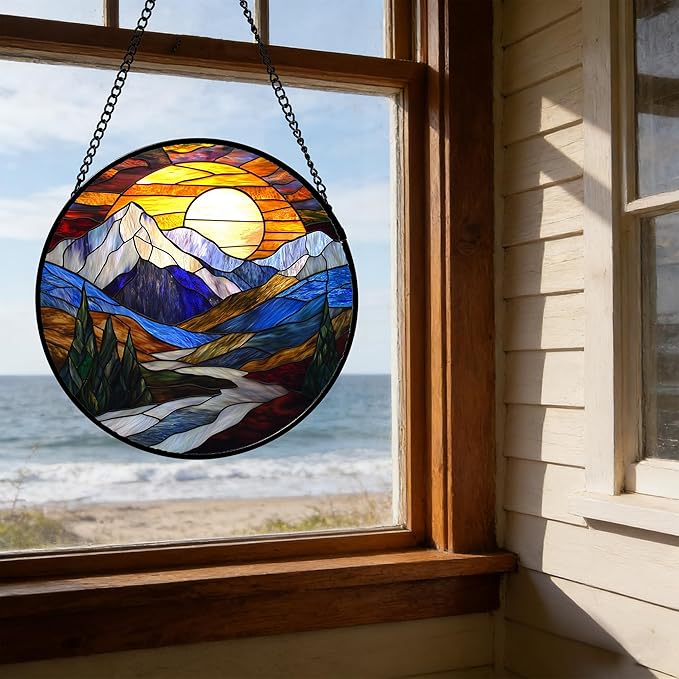 Stained Glass Window Hanging, Yellow Blue Sunset Mountains Scenery Sun Catcher for Window Home Decor Landscape Suncatcher Mother's Day Birthday Gifts for Women Men Mom and Nana 11.8 in
