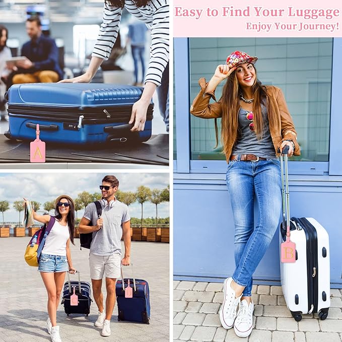 Personalized Initial Luggage Tags for Suitcase, Pink Leather Cute Luggage Tags with Privacy Cover Name Card, Embroidered Custom Monogrammed Luggage Tag Travel Bag Baggage Tags Gifts for Women Kids(P)