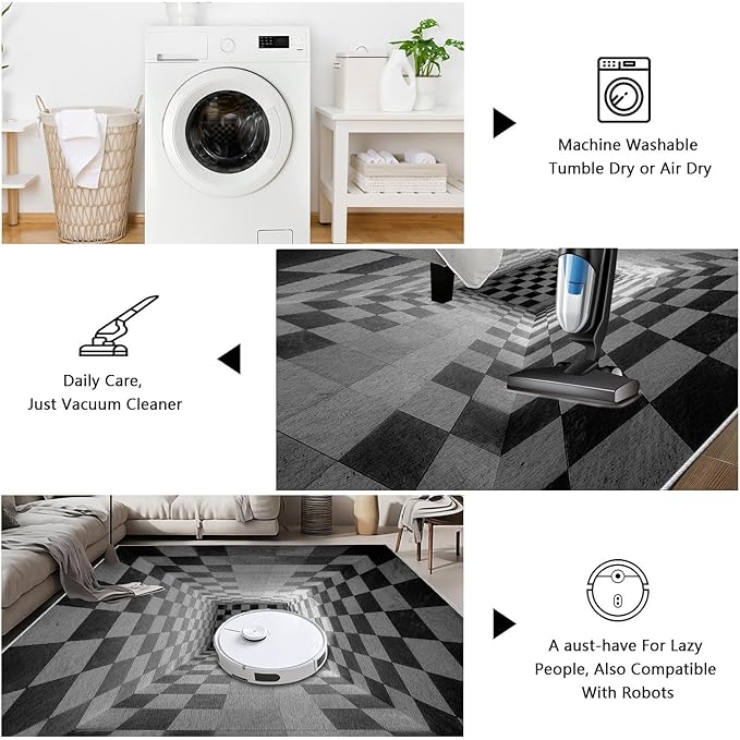 3D Rug 5x6, Plaid Soft Ultra Soft Faux Wool Low Pile Optical Illusion Rug, Indoor Floor Mats Abstract Geometric Carpet, Non-Slip Stain Resistant Washable Rugs, Modern Gray Rugs for Living Room