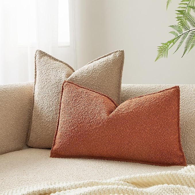 JUSPURBET Rust Decorative Pillow Covers 16x24 Set of 2 Throw Pillow Covers for Couch Sofa Bed Cozy Boucle Textured Lumbar Cushion Covers Cases with Hidden Zipper for Living Room Home Decor