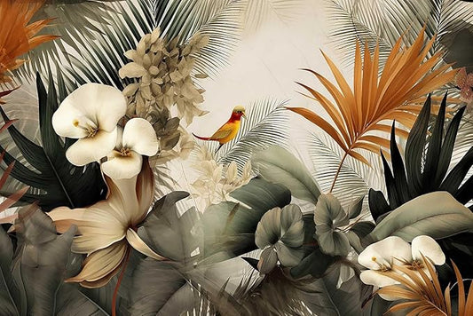 Flower Series Mural Colorful Leaves Seamless Wall Mural, Birds Resting on Flowers Wallpaper for Bedroom, Living Room, Bathroom Background Wall Decoration（Non-self-Adhesive）