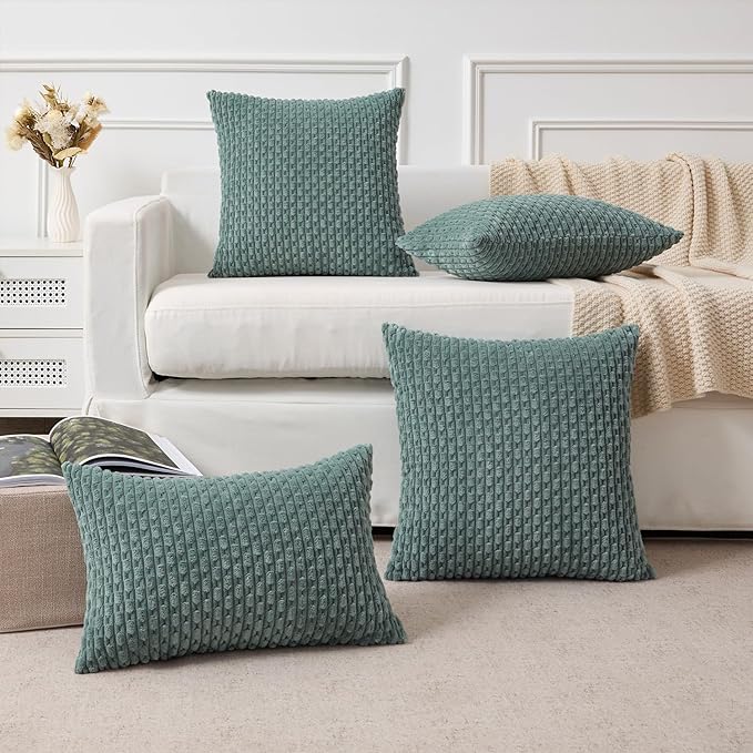 Kevin Textile Decorative Pillow Covers Set of 2 Striped Plush Corduroy Pillows Pillowcases Boho Home Decor Cushion Covers for Couch Sofa Bed Living Room 16x16 Inch, Teal Green