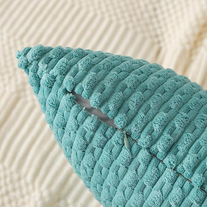 Kevin Textile Throw Pillow Covers Soft Corduroy Decorative Set of 2 Boho Striped Pillow Covers Pillowcases Farmhouse Home Decor for Couch Bed Sofa Living Room 18x18 Inch Aqua Green