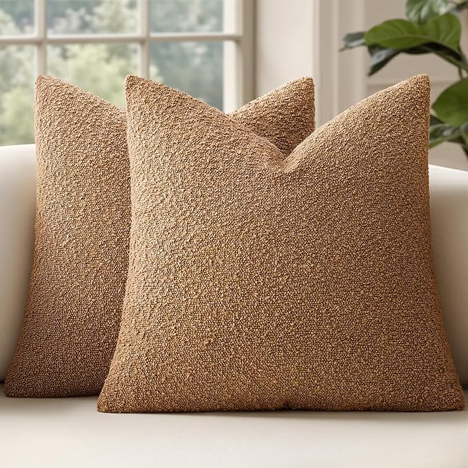 MIULEE 26x26 Decorative Euro Sham Throw Pillows for Bed Set of 2 Textured Boucle Neutral Winter Throw Pillow Covers Brown Accent Solid Vintage Pillowcases Sofa Livingroom Home Decor