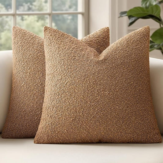 MIULEE 26x26 Decorative Euro Sham Throw Pillows for Bed Set of 2 Textured Boucle Neutral Winter Throw Pillow Covers Brown Accent Solid Vintage Pillowcases Sofa Livingroom Home Decor