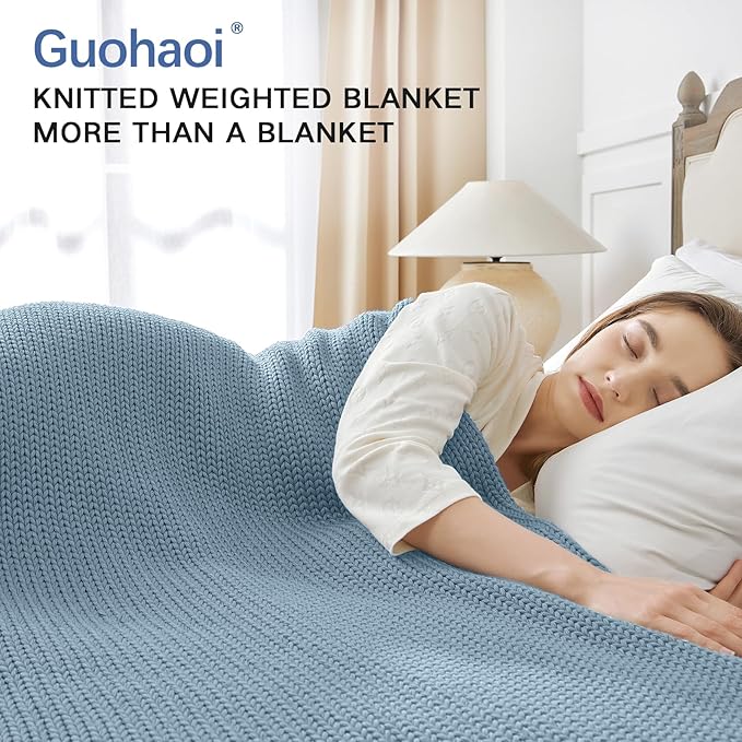 Guohaoi Knitted Weighted Blanket for Adults (Haze Blue 48"x72" 15lbs) No Beads Cooling Throw Blanket for Hot Sleepers, Home Decor Breathable Chunky Knit Heavy Blanket Use on Full Size Bed