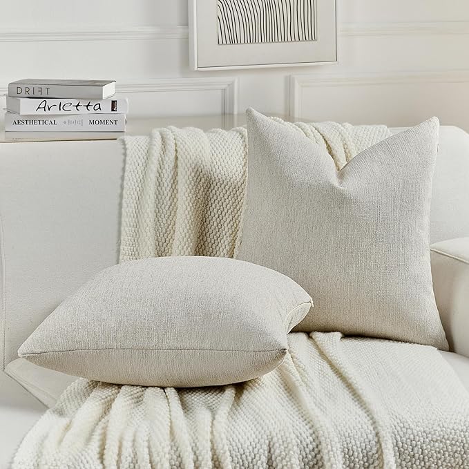 FUTEI Natural White Wood Chenille Decorative Throw Pillow Covers 22x22 Inch Set of 2,Soft Cozy Faux Linen Textured Cushion Case,Farmhouse Home Decor for Couch Living Room
