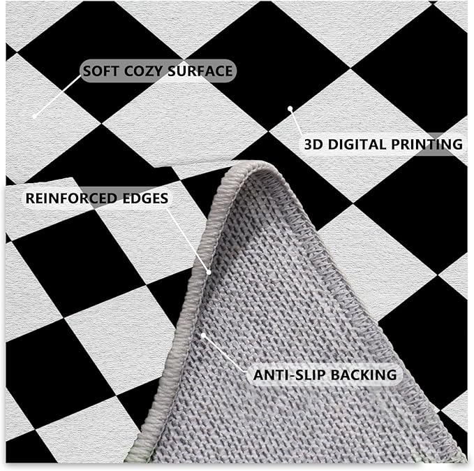Checkered Rug, Black White Rug, Washable Rugs 4x5, Geometric Rhombus Plaid Area Rugs, Grid Gingham Carpet for Living Room Non Slip Home Decor