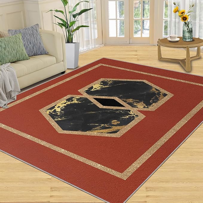 Abstract Marble Area Rugs Golden Hexagon Geometric Rug Vintage Red Marble Carpet European Medieval Geometry Carpet Mat for Bedroom Living Room 6x8ft