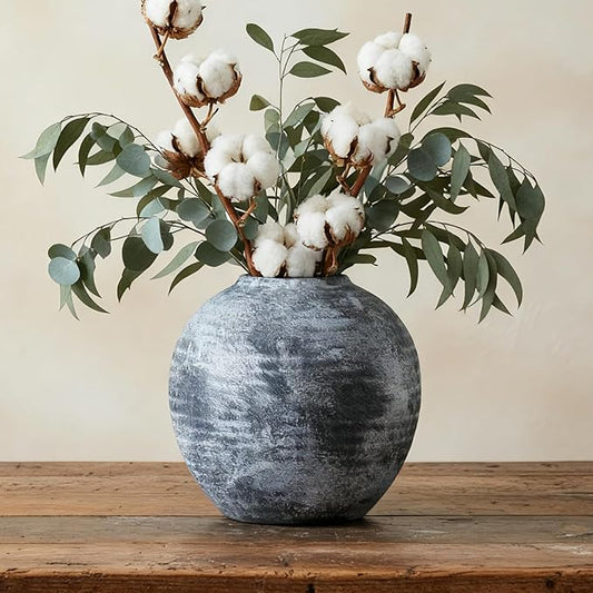 Farmhouse Rustic Ceramic Vase, 6.5 inch Gray-White Handcrafted Weathered Stone Pottery Terracotta Vintage Vases for Home Decor Living Room Table Shelf Decorative (Round - B)