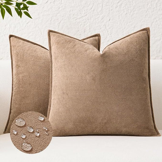Kevin Textile Waterproof Decorative Pillow Covers Camel 20x20 Inch Pack of 2 Soft Boucle Textured Throw Pillowcases Elegant Accent Pillows for Couch Sofa Chair Bed Home Decor Indoor Outdoor