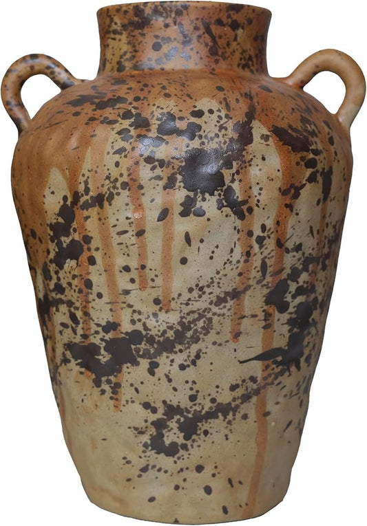 8IN Rustic Farmhouse Ceramic Vase Home Decor, Vintage Stoneware Clay Pottery Terracotta Textured for Modern Farmhouse, Living Room, Office Desk Table Shelf (Gray Black)