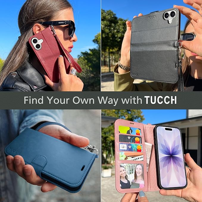 TUCCH Wallet Case for iPhone 17 (6.3") 2025, Wrist Strap | 4 Card Slots | RFID Blocking | Stand | Shockproof TPU Shell | PU Leather | Magnetic | Protective Flip Cover | Rose Gold