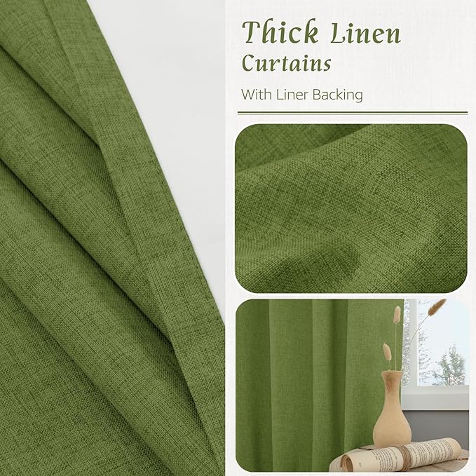 LAMIT 100% Blackout Olive Green Linen Curtains, 63 Inches Linen Textured Thermal Bedroom Drapes Back Tab and Rod Pocket Christmas Panels with White Liner for Living Room, 2 Panels, 52 x 63 Inch