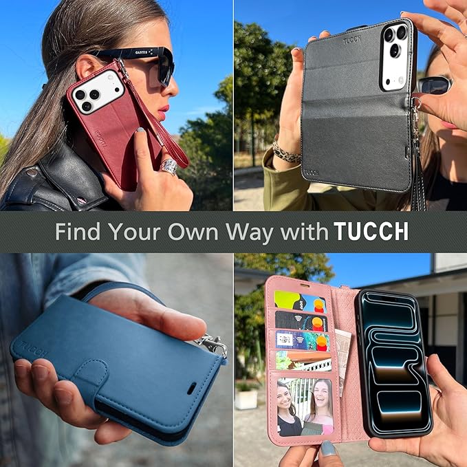 TUCCH Wallet Case for iPhone 17 Pro Max (6.9") 2025, Wrist Strap | RFID Blocking 4 Card Holders | Stand | Shockproof TPU Shell | PU Leather | Magnetic | Protective Flip Cover | Light Blue