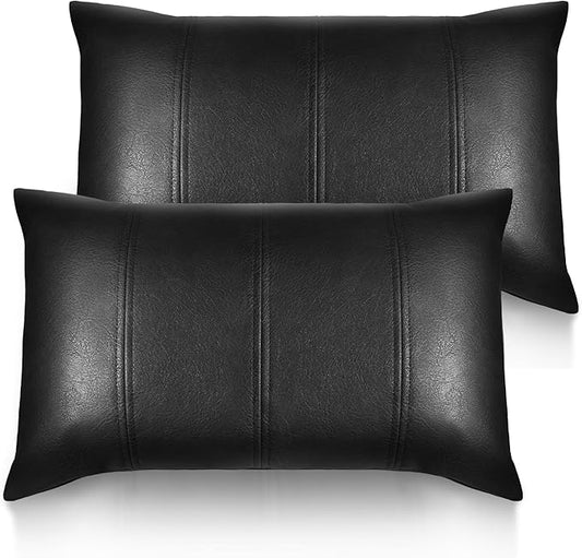 Faux Leather Throw Pillow Covers 12X20 Inch Set of 2 Black Outdoor Modern Farmhouse Solid Decorative Pillow Covers for Room Couch Living Bedroom Bed Sofa