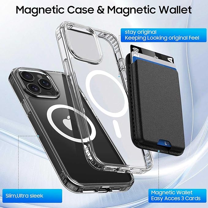 Ntwinro Magnetic for iPhone 14 Pro Max Clear Case (Compatible with MagSafe) with Black Detachable Wallet & Card Holder for 3 Cards [RFID Blocking] Military Grade Protective Slim Phone Cover