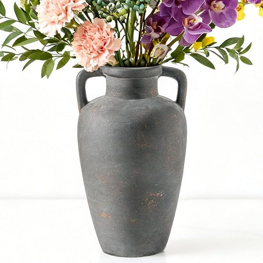Ceramic Flower Vase with Handles, 11 inch Tall Vase for Centerpieces, Large Decorative Terracotta Vases, Farmhouse Rustic Vases for Home Decor, Living Room, Table, Neutral