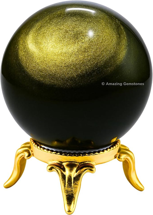 Amazing Gemstone Golden Sheen Obsidian Crystal Ball with Stand - 1.5 Inches Crystal Sphere Meditation Balls for Witchcraft and Decorative Balls