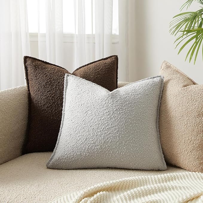 JUSPURBET 18x18 Throw Pillow Covers Set of 2 Decorative Pillow Covers for Couch Sofa Bed Cozy Boucle Textured Cushion Covers Cases with Invisible Zipper for Living Room Home Decor,Silver Grey