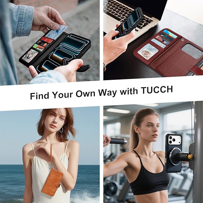 TUCCH 2-in-1 Detachable Wallet Case for iPhone 17 Pro Max 6.9" 2025, RFID Blocking 4 Card Slot | Wireless Charging | Wrist Strap | Kickstand | Magnetic | PU Leather | Protective Cover | Klein Blue