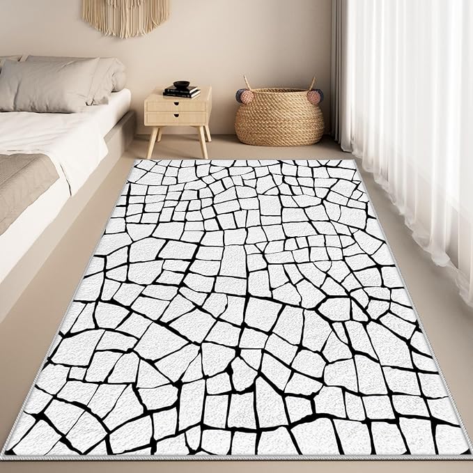 Black and White Area Rug, Abstract Rug, Contemporary Minimalist Rugs, Geometric Cracks Area Rugs, Modern Geometric Carpet for Living Room, Washable Non Slip Home Decor Mat 4x6