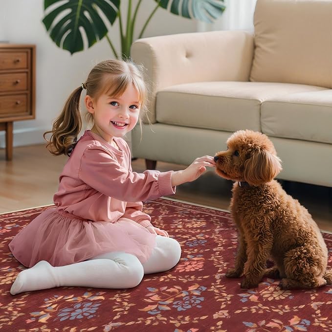 Tangsoo 5x7 Washable Area Rug, Non Slip Red Floral Indoor Rug, Soft Low Pile Floor Carpet for Living Room, Bedroom, Dining Room, Pet & Child Friendly Room Decor, Easy to Clean
