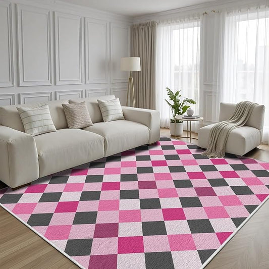 Diamond Checkered Rug 5x6, Soft Ultra Soft Faux Wool Abstract Geometric Rugs, Indoor Floor Mats Carpet, Non Slip&Non-Shedding Low Pile Washable Rugs, Modern Red Rug for Bedroom