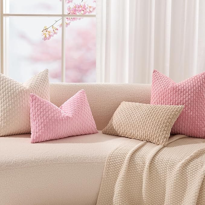Kevin Textile Valentines Day Decorative Pillow Covers Set of 2 Striped Plush Corduroy Pillows Pillowcases Boho Home Decor Cushion Covers for Couch Sofa Bed Living Room 18x18 Inch, Dark Pink