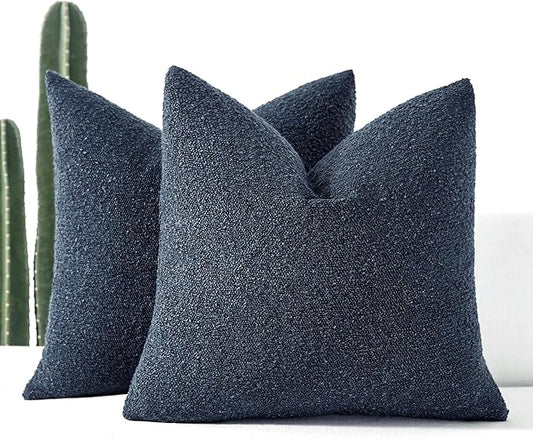 Boucle Decorative Throw Pillow Covers for Couch Set of 2, 18x18 inches, Navy Blue