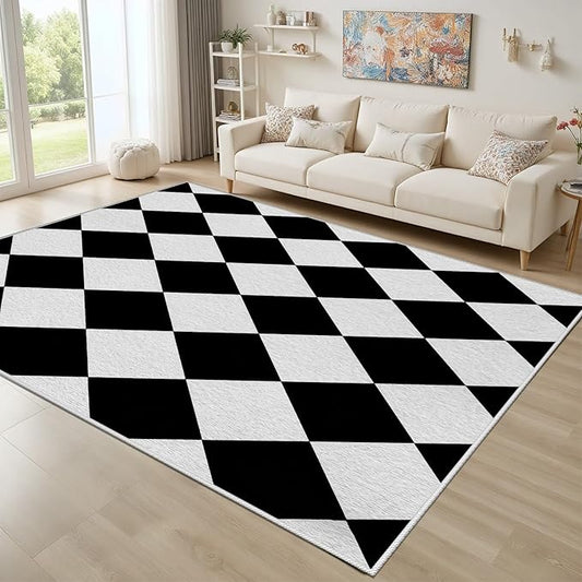 Checkered Rug, Black White Rug, Washable Rugs 3x4, Geometric Rhombus Plaid Area Rugs, Grid Gingham Carpet for Living Room Non Slip Home Decor