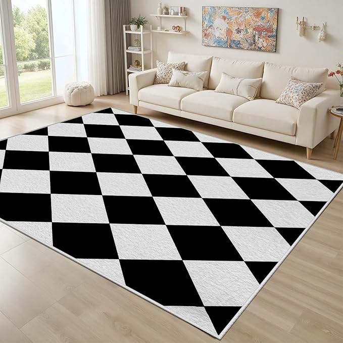 Checkered Rug, Black White Rug, Washable Rugs 2x3, Geometric Rhombus Plaid Area Rugs, Grid Gingham Carpet for Living Room Non Slip Home Decor