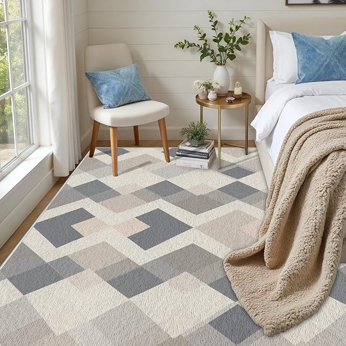 Modern Area Rug Living Room Rugs 3x5, Minimalist Soft Boho Geometric Rug, Non-Slip Washable Low Pile Non Shedding Carpet for Bedroom Office Dining Room Kitchen Nursery, Gray Beige White