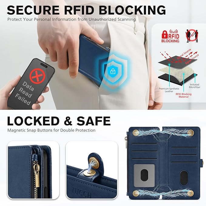 TUCCH Crossbody Detachable Wallet Case for iPhone 17 Pro 6.3" 2025, 9 Card Holders RFID Blocking, Wireless Charging, Stand, Wrist Strap, Lanyard, Zipper Pocket, PU Leather Shockproof Cover, Dark Blue