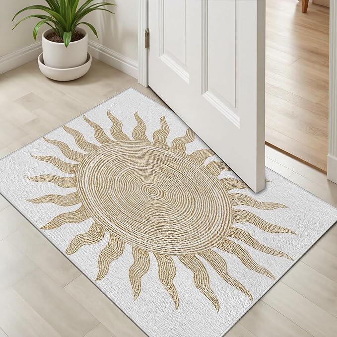 Boho Washable Rugs for Bedroom 7x10, Modern Sun Print Soft Minimalism Area Rug, Non Slip Low Pile Abstract Carpet for Classroom Living Room Decor Dining Room Sofa Kids Nursery Room, Beige Yellow