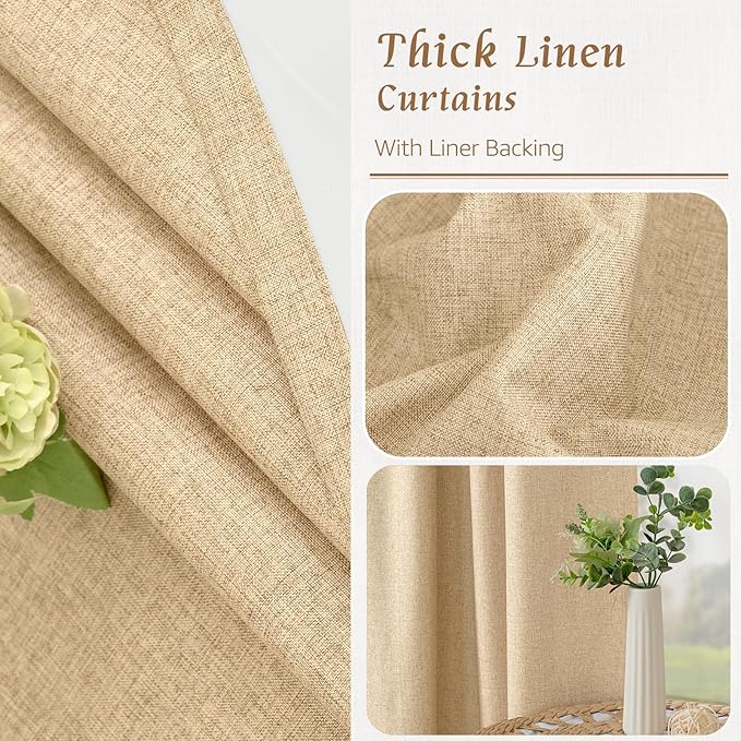 LAMIT 100% Blackout Curtains for Living Room, 95 Inches Natural Linen Textured Thermal Bedroom Curtains Back Tab and Rod Pocket Farmhouse Burlap Panels with White Liner, 2 Panels, 52 x 95 Inch